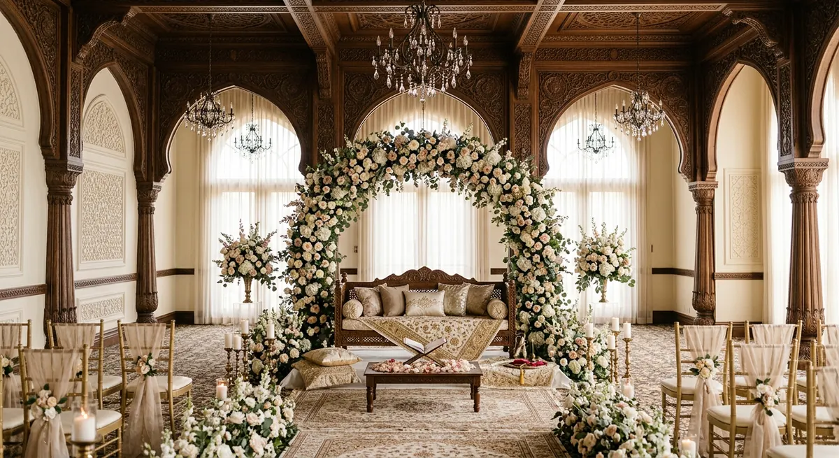 Ivory nikah ceremony setting with elegant wedding details